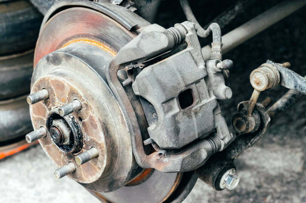 Car wheel hub with brake disc at tire shop