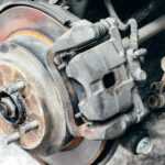 Car wheel hub with brake disc at tire shop
