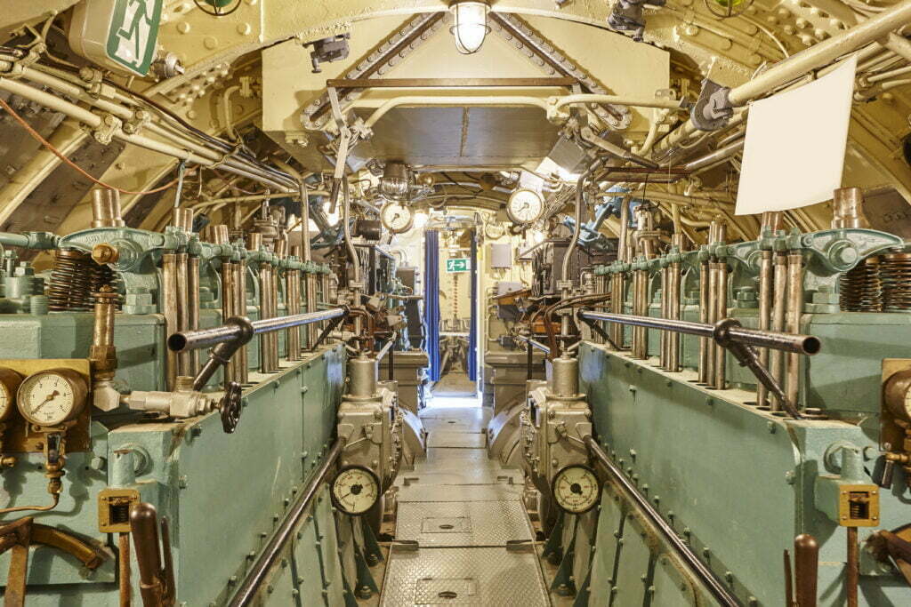 Second war world submarine interior. Engine room. Military vessel. Horizontal