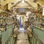 Second war world submarine interior. Engine room. Military vessel. Horizontal